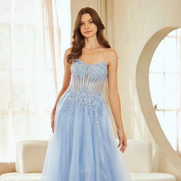 New Strapless A-Line Rhinestones Embellished Gown w/ Sheer Boned Bodice AC 9078 - Picture 1 of 9